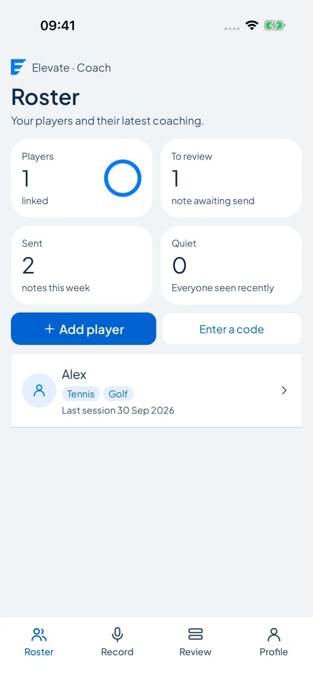 Elevate AI coach roster with sample players and review actions